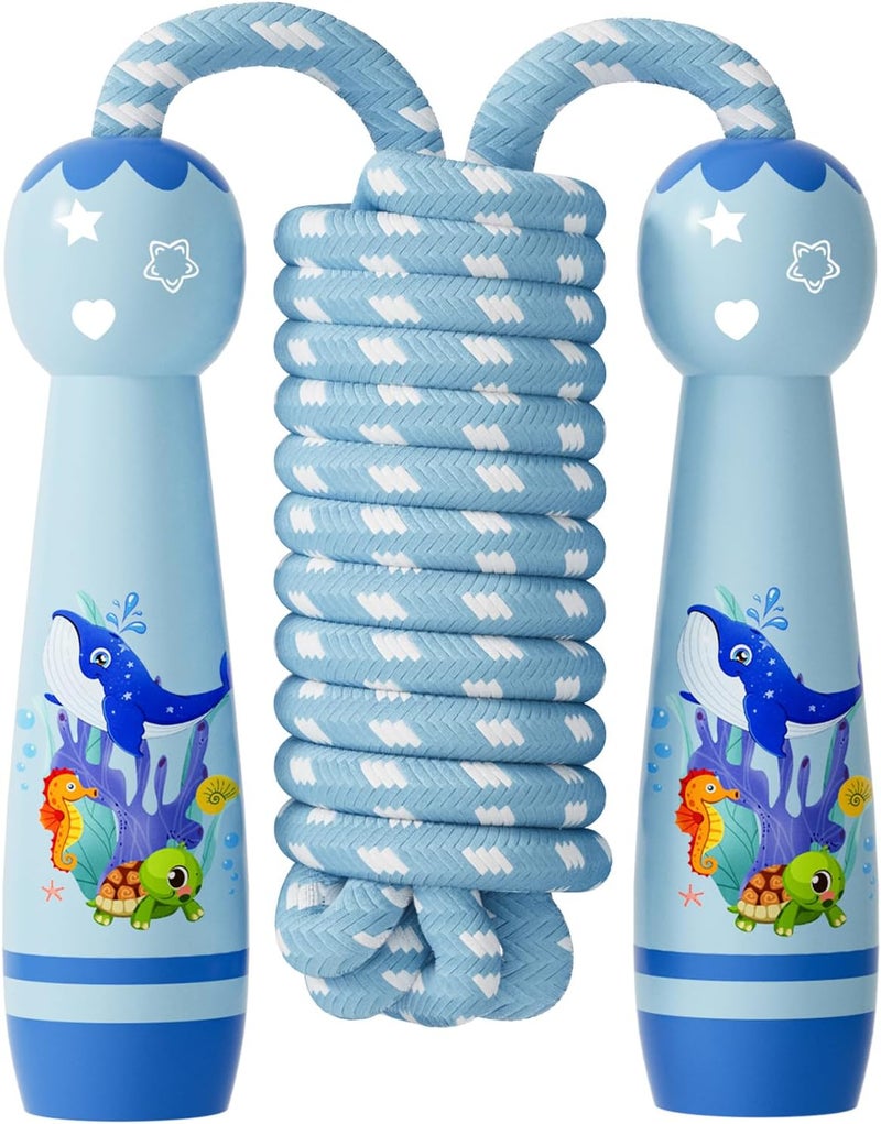 JGM Jump Rope for Kids-Adjustable Cotton Braided Skipping Rope with Wooden Handle for Toddler Fitness Workout Exercise Outdoor Activity - Image 1